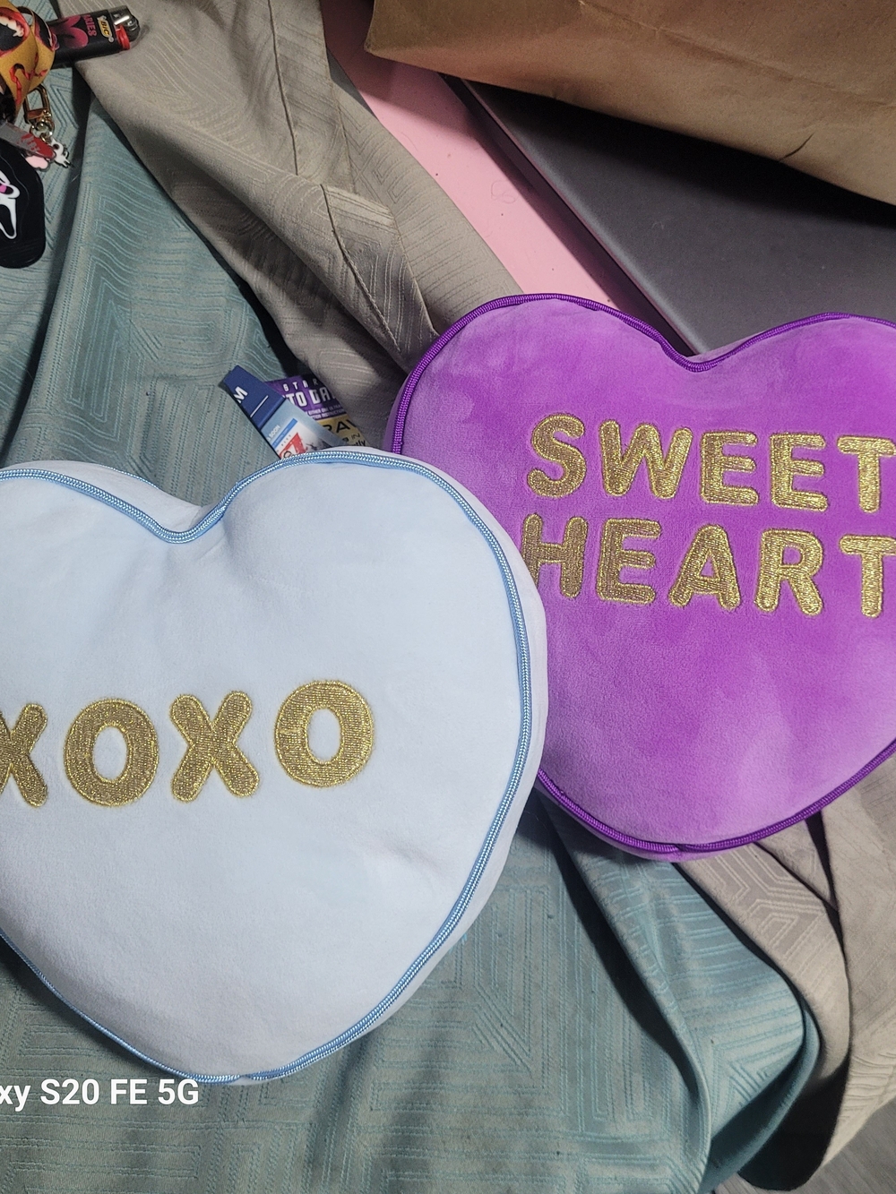 Source Unknown Purple and Light Blue Heart Accent Pillows with Gold Lettering